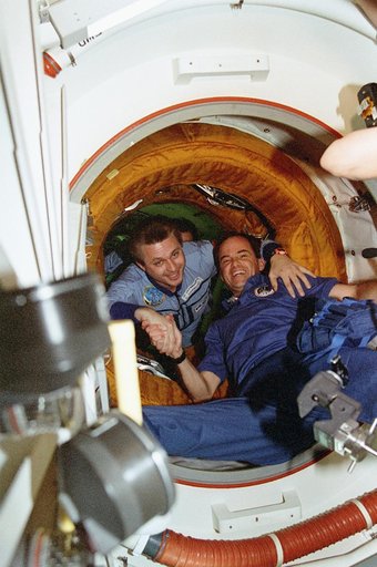 Opening the hatch and welcome ceremony in the Mir Space Station