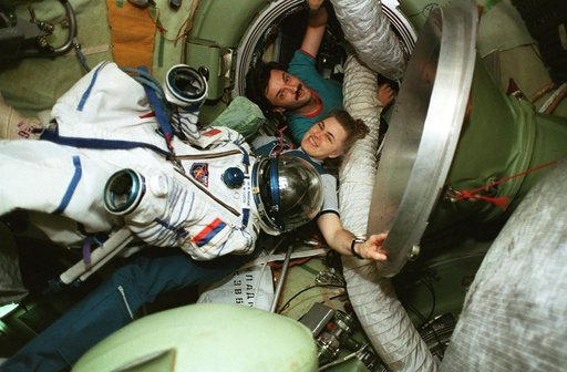Astronaut Lucid with her Russian pressure suit
