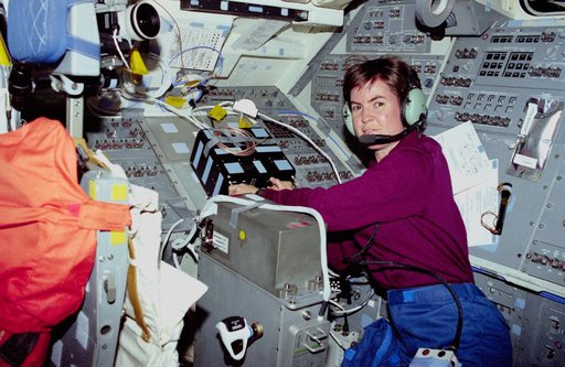 Payload commander Voss on aft flight deck