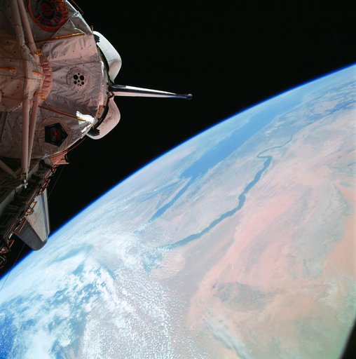 View of Spacelab module in payload bay with Earth background