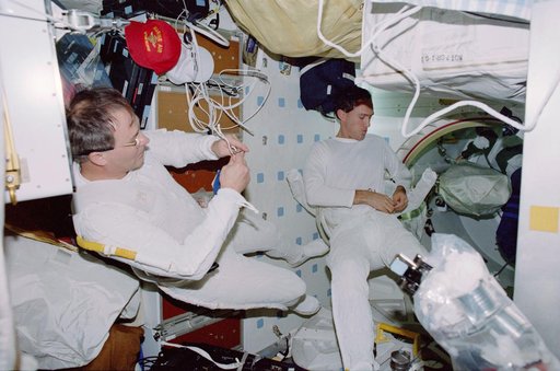 View of the STS-88 crew on the flight deck and middeck