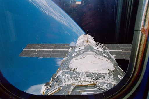 ISS stack in the Endeavour's payload bay as seen from aft flight deck