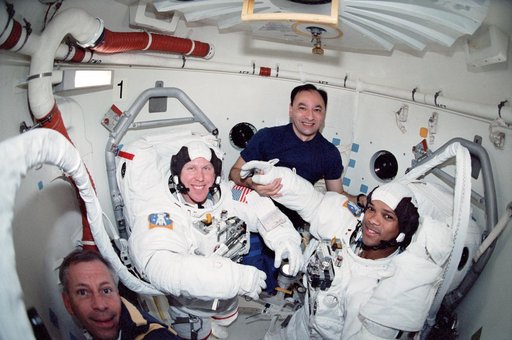 MS Jones and MS Curbeam suited in EMU in the A/L for EVA 3