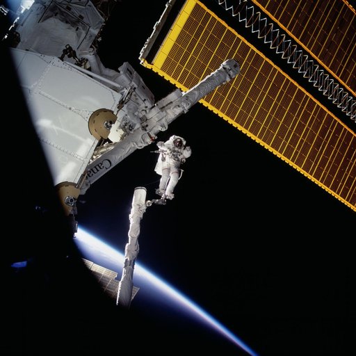 MS Hadfield and MS Parazynski raise the SSRMS from the SLP during an EVA for STS-100