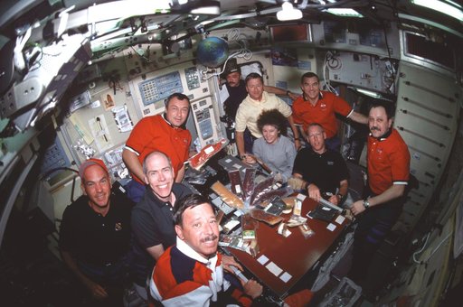 Meal time in the ISS Service Module/Zvezda with all three crews