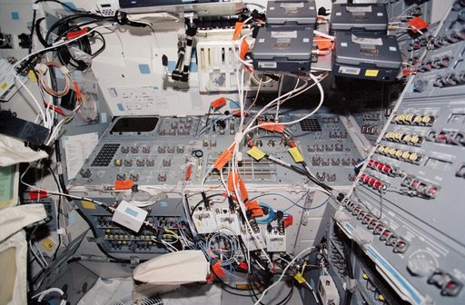 DVCAM recorders, wiring, laptop computers and monitors on Endeavour's AFD during STS-113
