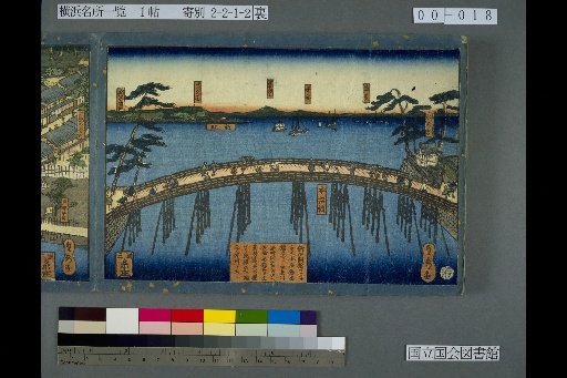View continuing from Shindanma Bridge to Honuma Bridge; from the top of the bridge looking towards Kanagawa Shinmachi and Edo, with the distant view of Urashima Kannon-san and Umegaya Village; the river downstream of this bridge is called the Imai River