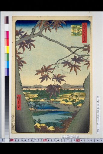 One Hundred Famous Views of Edo: Mana: Autumn Leaves, Tega Shrine, Tsugi Bridge