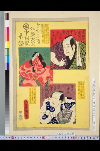 Complete Collection of Portraits of Actors Past and Present: Nakamura Family Genealogy, 1st Nakamura Sukemaru, 2nd Sukemaru, 3rd Sukemaru