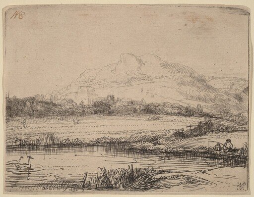 Canal with an Angler and Two Swans