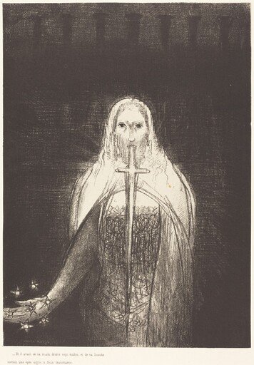Et il avait dans sa main droit sept etoiles, et de sa bouch sortait une epee aigue a deux tranchants (And he had in his right hand seven stars; and out of his mouth went a sharp two-edged sword)