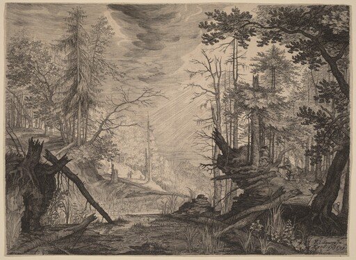 Three Hunters and Two Dogs near a Pool