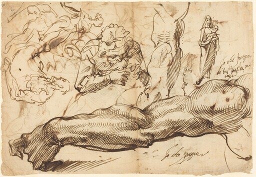 Studies of a Left Arm, a Young Woman, a Madonna and Child, a Face in Profile, and Nude Figures