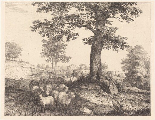 Shepherd and Flock under an Ancient Tree