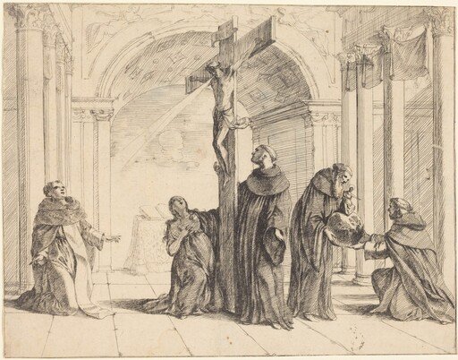 A Crucifix in a Church with Saints Thomas Aquinas, Mary Magdalene, Albertus Magnus, and Others