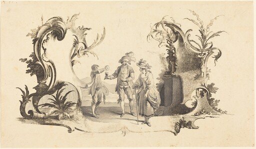 Cartouche Moderne with a Young Couple Being Served Wine