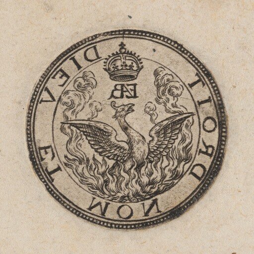 Emblem of the Phoenix and the motto "Dieu et mon droit" [right half]
