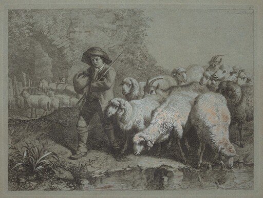 Shepherd with a Sack Driving a Flock