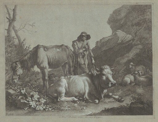 Shepherd Resting on a Walking Stick with an Old Horse and a Reclining Bull