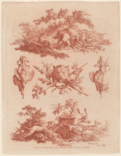 Hunting Trophies and Vignettes with Dogs Chasing a Boar and a Stag