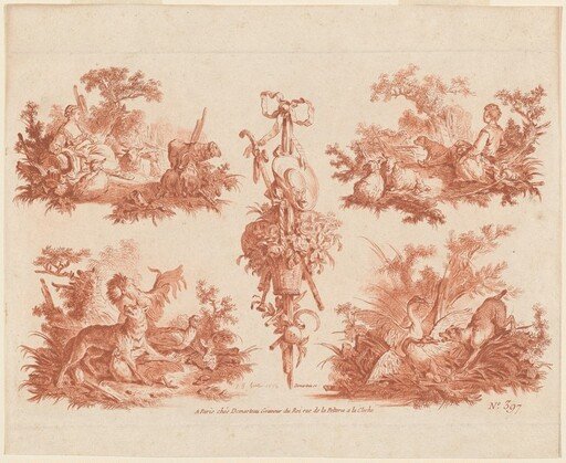 Two Pastoral Vignettes, Two Hunting Vignettes, and a Trophy