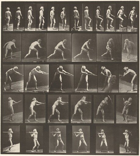 Plate Number 521. A: Walking. B: Ascending step. C. Throwing disk. D: Using shovel. E, F. Using pick