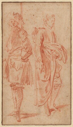 Two Standing Soldiers, One Wearing a Hat