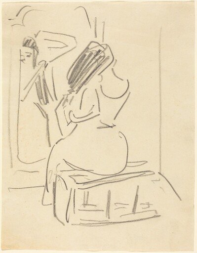 A Woman Combing Her Hair in Front of a Mirror