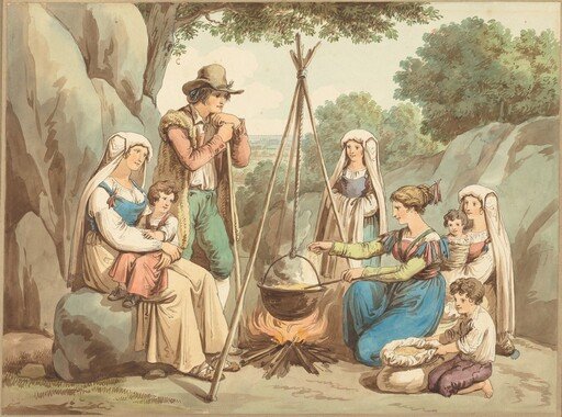 A Peasant Family Cooking over a Campfire