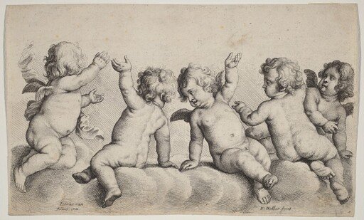 Three Cherubs and Two Boys on Clouds