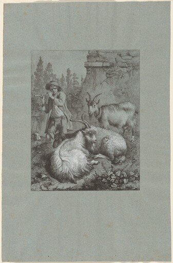 Shepherd Playing a Flute with Goats
