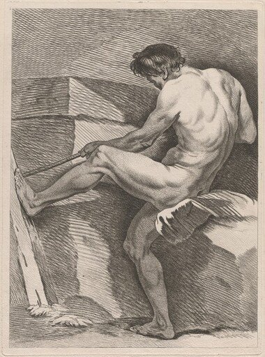 Man Pulling a Rope, His Foot Braced
