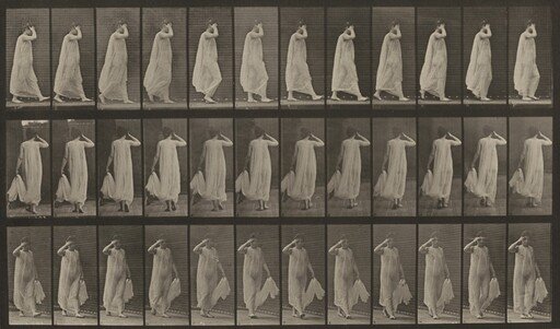 Plate Number 37. Walking; left hand holding dress, right hand at face
