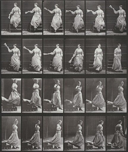 Plate Number 140. Descending stairs, looking around and waving a fan