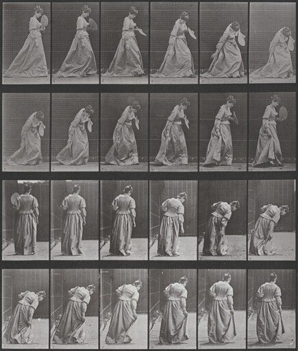 Plate Number 210. Stooping and lifting a dress, a fan in left hand