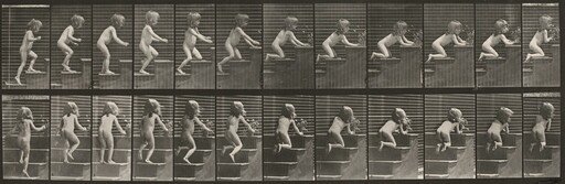 Plate Number 474. Child walking up stairs, kneeling and reaching for vase