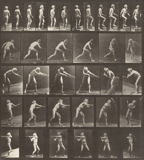 Plate Number 521. A: Walking. B: Ascending a step. C: Throwing the disk. D: Using a shovel. E, F: Using a pick