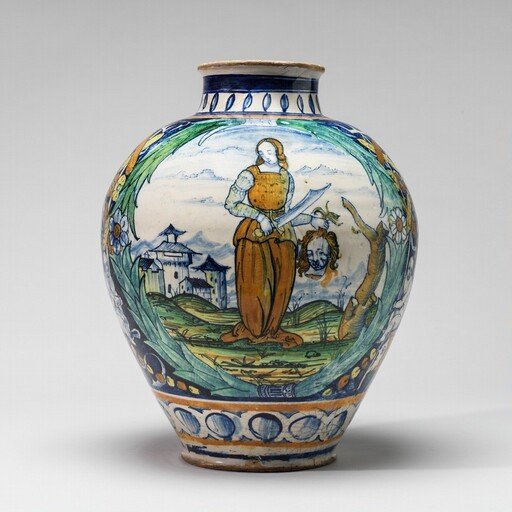 Vase with shield of arms of Guidobaldo I Montefeltro and Judith with the head of Holofernes