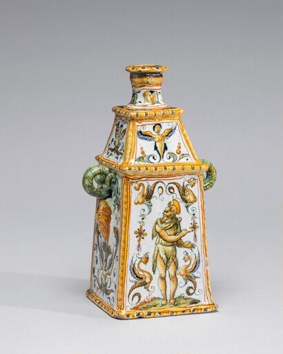 Quadrilateral flask with Saint John the Baptist and grotesques