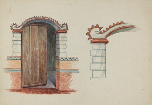 Restoration Drawing: Wall Decoration Over Doorway, Facade of Mission House
