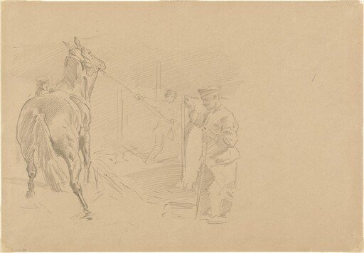 Man Pulling a Horse into a Stall