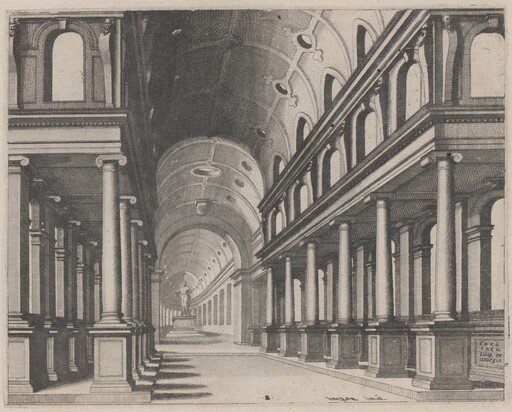 View into a Church with Ionic Columns and a Choir with a Statue