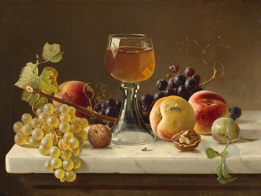 Marble Tabletop with Fruit and Wineglass