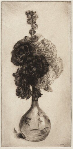 Hollyhocks in a Long-necked Vase