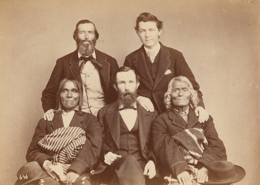 Alexander Gardner, William Henry Jackson, and Antonio Zeno Shindler with Pueblo delegates Alejandro Padilla, Governor of Isleta, and Ambrosio Abeita, Ex-Governor of Isleta