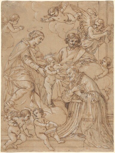 The Holy Family with Saint Philip Neri in Adoration, an Angel, and Putti