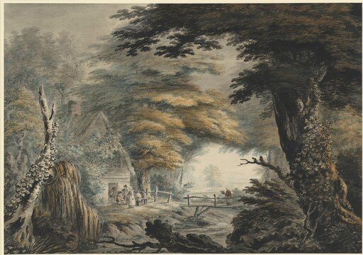 Wooded Landscape with Figures outside a Cottage