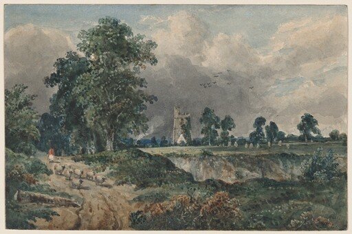 A Drover with Sheep, a Church Beyond