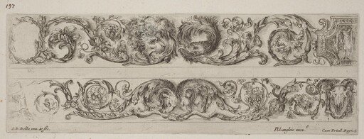 Two Ornamental Bands with Facing Heads of Lion and Eagle, and Two Rams
