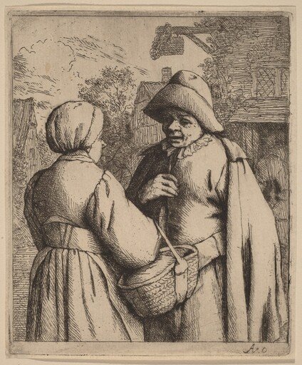 Man and Woman Conversing in Front of an Inn